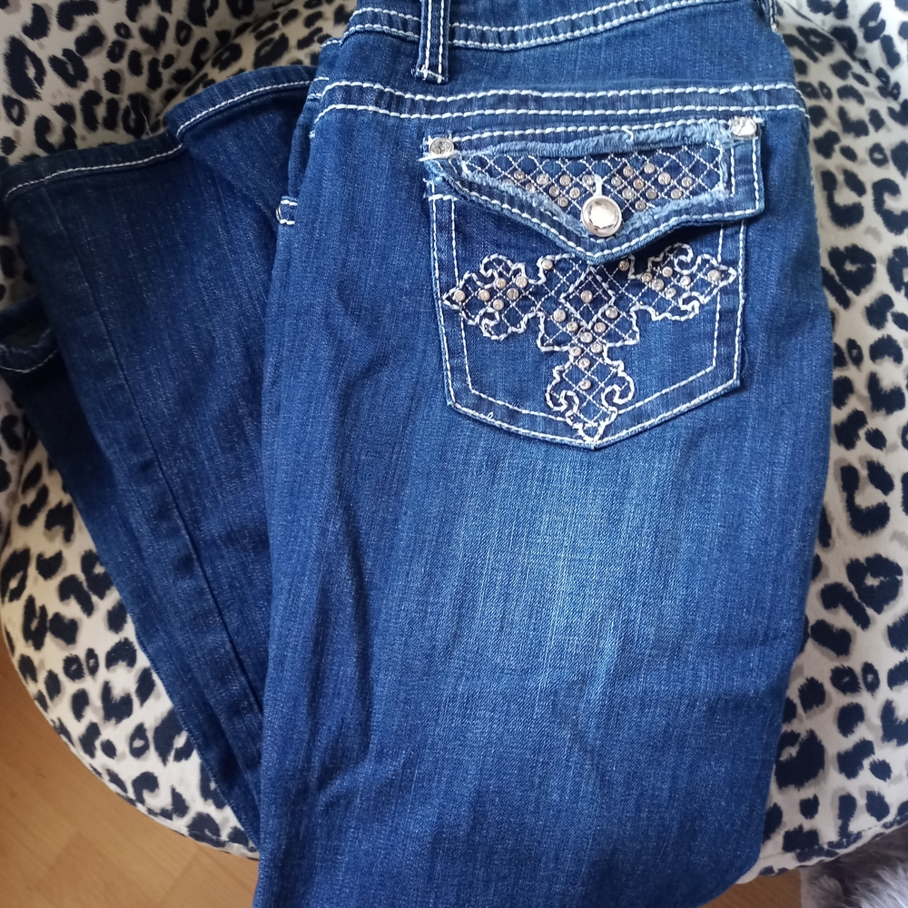 Antique Rivet Blue Denim Crystal Pocket Bling Jeans Women Jeans 36/28